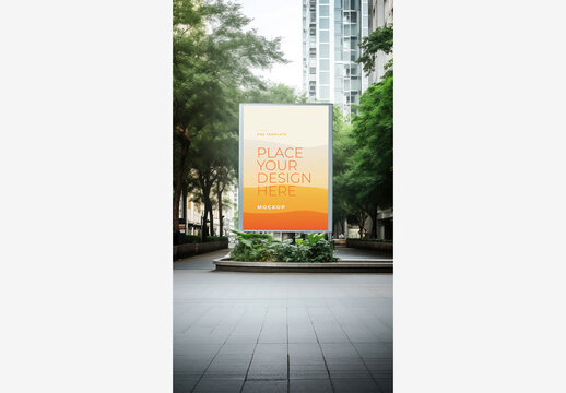 City Street Billboard Mockup Template with Trees, Buildings, and People Walking in the Background and A Person in the foreground.