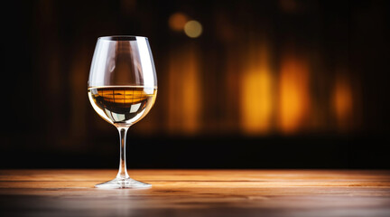 Elegant glass of white wine on dark wooden background. Wine industry concept. Generative AI