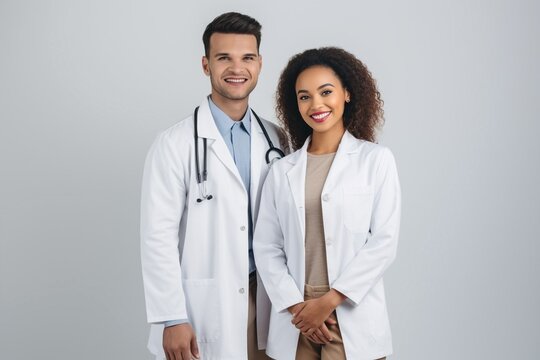 Photo of two positive intelligent therapists of different nationalities smiling dressed white coats standing next to each other isolated on gray background