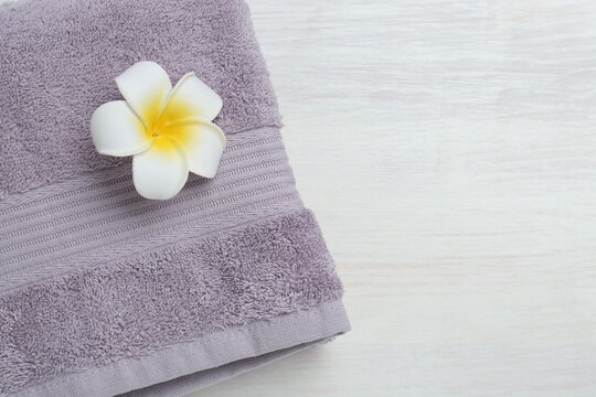 Violet terry towel and plumeria flower on light wooden table, top view. Space for text