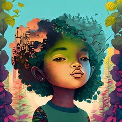 Portrait of a small black girl in nature.	