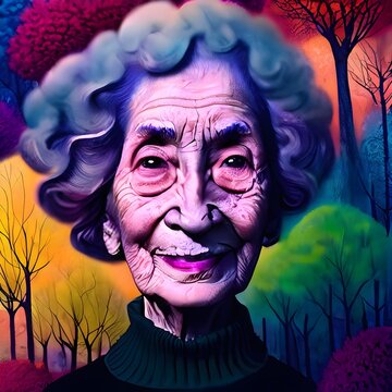 Illustrated portrait of an elderly woman. Old Mother Nature. 