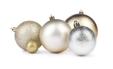Beautiful golden and silver Christmas balls isolated on white