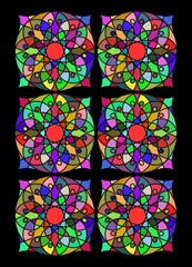 colorful stained glass pattern. the mosaic. kaleidoscope. multicolored circular ornament on a black background. interior design. bright cover. print. template.