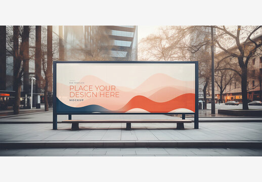 City Street Billboard Mockup Template with White Billboard, Sidewalk, Trees, Buildings, and Bench in Background