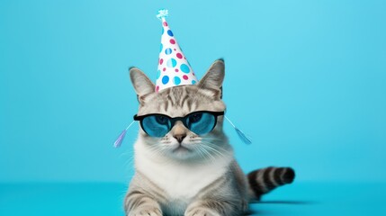 Festive celebration card for Happy Birthday, carnival, New Year's Eve, Sylvester, or other occasions, featuring a cat wearing a party hat and sunglasses on a blue background with confetti.
