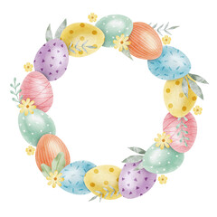 Frame of cute colorful Easter eggs, flowers and leaves. Paschal Concept with Easter Eggs with Pastel Colors. Isolated watercolor illustration. Design for Easter cards, covers, posters and invitations.