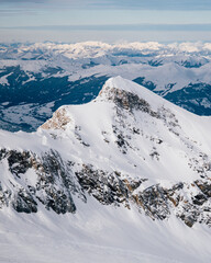 Panoramic view from the Kitzsteinhorn, a snowy mountain, gletsjer and ski area near Kaprun in...
