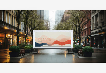 City Street Billboard Mockup Template with Large White Screen, Trees, Sidewalk, and Tall Buildings As Background