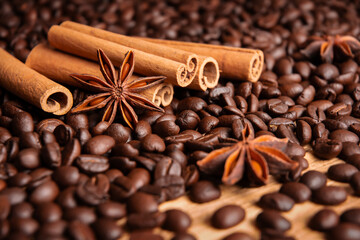Coffee beans with star anise and cinnamon sticks