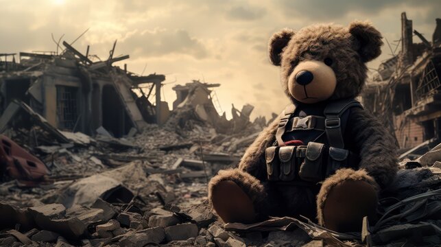 A background of devastation from war, showcasing destroyed city buildings, with a poignant image of a teddy bear sitting on the ruins.
