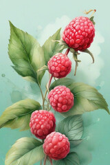 berries of a raspberry, raspberry harvest, watercolor illustration, ai generated, print design, crimson, spring, summer fruit