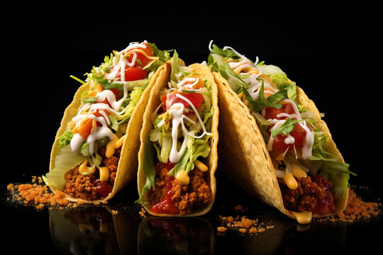 Tacos fast realistic food on black. Generative AI