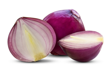 Red onion cut in half and one whole onion isolated on a transparent background.
