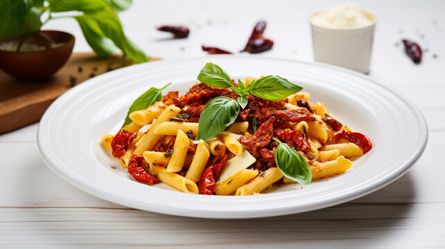 Italian pasta with sun dried tomatoes and basil	