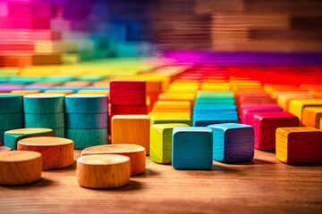 Background or cover for something creative or diverse, colorful wood texture for backdrop . Colorful wooden blocks aligned. Ai Generative