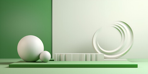 Floating spheres 3d rendering empty space for product show Vibrant green and white Room with Large Balls White Striped Floor and Abstract 3D Motion Wall Stunning Abstract background Ai Generative