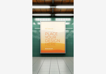 City Street Billboard Mockup Template: Green Tiled Room with Lights, White Board, and Tile Floor for Stock Photos