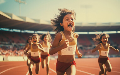 happy indian kids running at sports stadium - obrazy, fototapety, plakaty