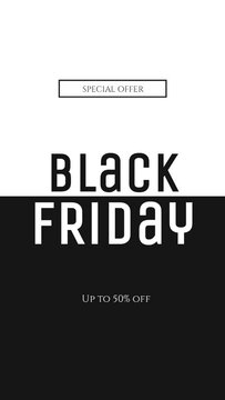 Black Friday video, with black and white background, 50% discount