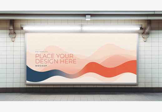 City Street Billboard Mockup Template - White Board in Tiled Room with Lights, Wall, and Floor: Stock Photos of Modern Advertising Display