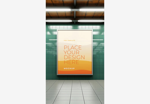 City Street Billboard Mockup Template: Green Tiled Room with Lights, White Board, and Tile Floor for Stock Photos