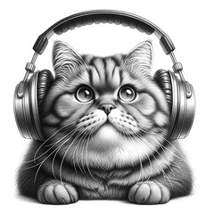 Happy cat wearing headphones portrait. The illustration is drawn in black pencil. Black and white monochrome. Fluffy cat with big eyes.