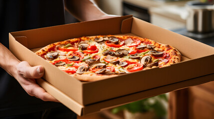 Freshly Delivered Supreme Pizza with Vegetables and Mushrooms in Cardboard Box