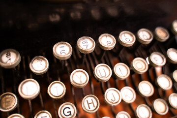 Close-up of an old English typewriter keyboard. Vintage style