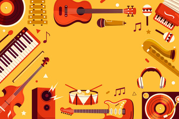 Hand drawn music background with musical instrument on yellow