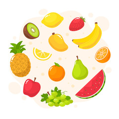 Hand drawn flat juicy fruit background with different pieces of fruit