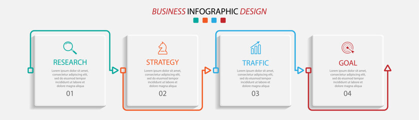simple infographic design with six parts or steps, interconnected square shapes with thin colored lines, for flow diagrams, banners or your business presentation
