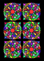 colorful stained glass pattern. the mosaic. kaleidoscope. multicolored circular ornament on a black background. interior design. bright cover. print. template.