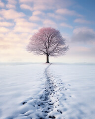 A lone tree in a field of snow, AI Generative.