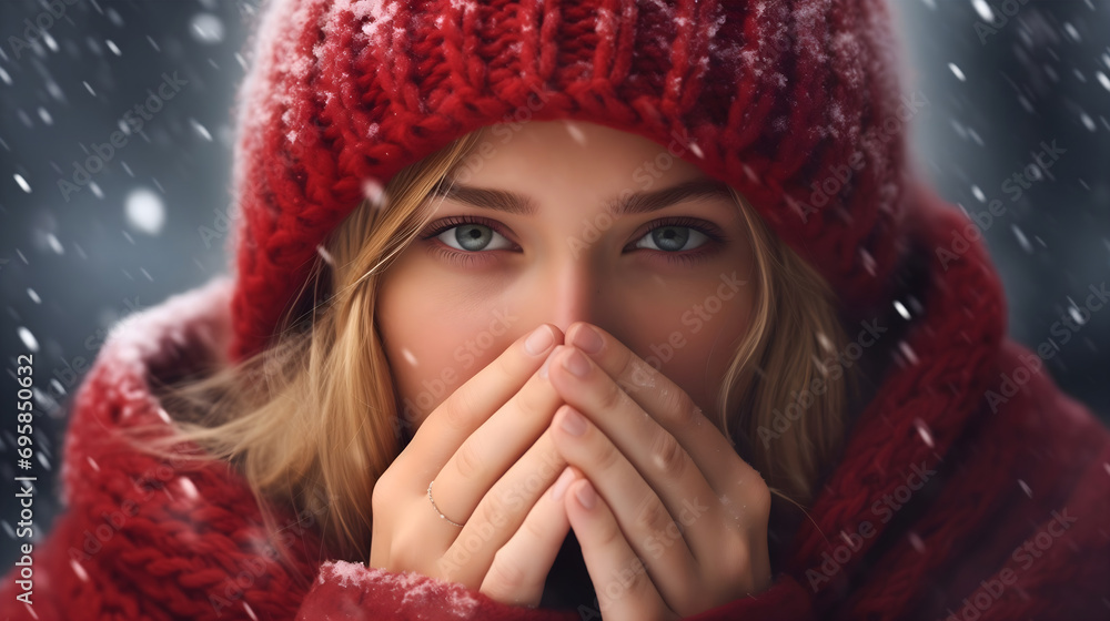 Wall mural Close up photography of a beautiful young girl with blonde hair looking at the camera, wearing a jacket and a cap, covering her nose with hands, warming up in cold winter season weather outdoors