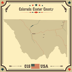 Large and accurate map of Custer County, Colorado, USA with vintage colors.