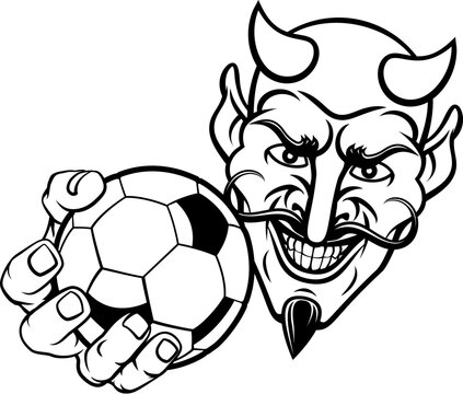 A devil or satan soccer football sports mascot cartoon character holding a ball