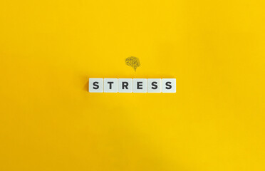 Stress Word and Brain Illustration. Block Letter Tiles on Yellow Background. Minimalist Aesthetics.