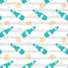 Vector fun simple beer bottle and chips seamless pattern 03. Suitable for textile, menu design and wallpaper.