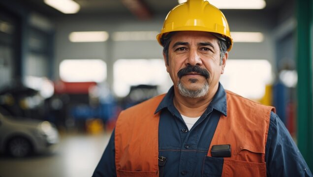 Industry worker in orange vest and hardhat. Mexican foreman face portrait, generated by AI
