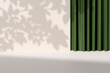 Empty pastel colored background scene and wall with leaf shadows green curtains.