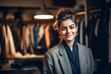 Portrait of a smiling Indian fashion designer woman entrepreneur in a fashion studio with clothes in the background. - obrazy, fototapety, plakaty