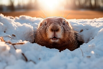 Groundhog Day, a groundhog crawled out from under the snow - obrazy, fototapety, plakaty