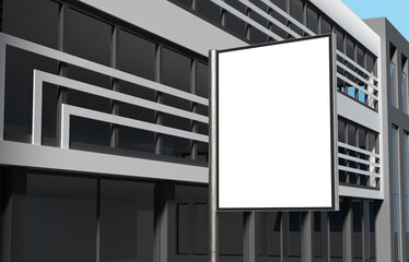 Blank billboard hanging on the pole with modern building background. Template mockup for media, advertising and poster placement.