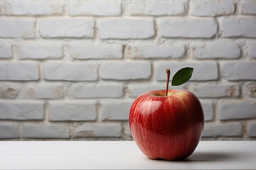 Apple on wooden table,on brick wall background.