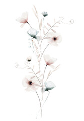 Naklejka premium Watercolor painted floral border frame. Delicate pastel pink, blue poppy flowers, mouse peas branches, leaves, wild herbs, butterfly. Hand drawn illustration template. Watercolour artistic drawing.