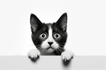 scared black and white kitten on a light background