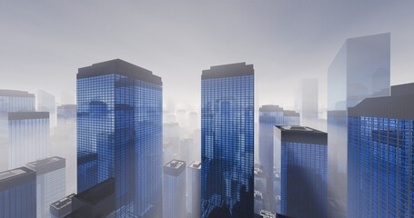 Skyscrapers in foggy cloudy day. The future is uncertain. Anxiety and expectations for economic growth. 3D rendering.