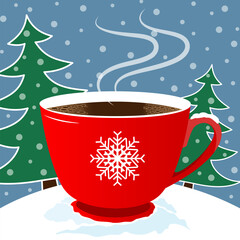 Red Christmas Coffee Cup with steam against the background of green Christmas trees for banners, posters, cards.
