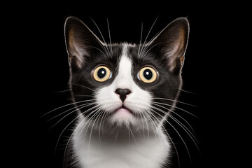 scared black and white kitten on a light background